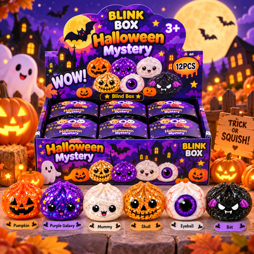 Blink Box Halloween Mystery squishies: Pumpkin, Purple Galaxy, Mummy, Skull, Eyeball, Bat